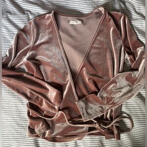 Madewell Blush Pink / Brown wrap around velvet long sleeve top, size Small